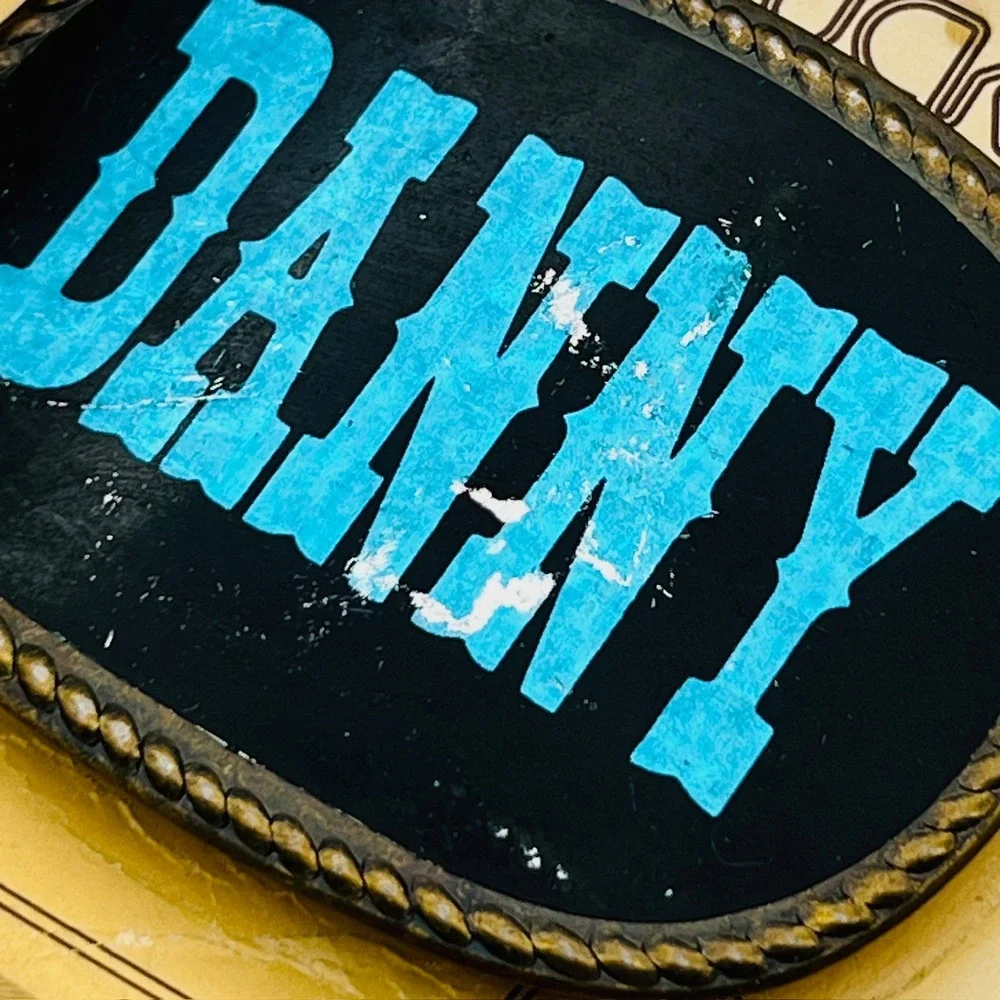 Vintage Danny Name Belt Buckle Blue‎ Western Font Black Oval Rope Border Boxed